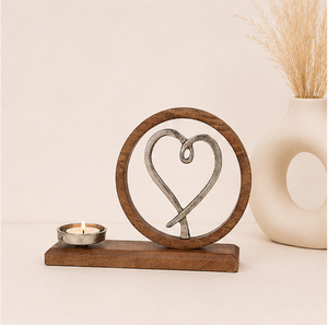 Handmade Rustic Heart Shaped Wooden Candle Holder With Polished Metal Aluminum Accent Vintage Mango Wood <b>Tea</b> Light <b>Stand</b> On Sale - Product Image 2