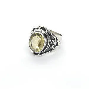 Vintage 925 Silver Cocktail Ring With Yellow Lemon Quartz Setting Unisex Everyday Wear Jewelry - Product Image 1