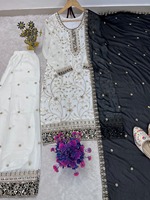 Ensemble haut en georgette blanche, pantalon palazzo et dupatta, de créateur indien, pour femmes, vêtements ethniques style traditionnel Inde Pakistan.
