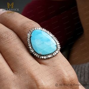 Baguette Diamond <b>Turquoise</b> Gemstone Oxidized 925 Silver Designer Cocktail <b>Ring</b> Fine Jewelry Wholesale, December Birthstone <b>Ring</b> - Product Image 5