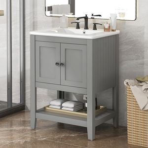 24\" Modern Sleek Open Style <b>Bathroom</b> <b>Vanity</b> with Elegant Ceramic Sink Solid Wood Frame Grey Finish (OLD SKU JL000004AAE) - Product Image 3