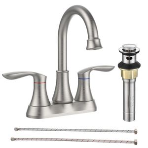 Rubinetti per lavabo bagno a due maniglie con beccuccio girevole ad arco alto a 360 gradi, interasse 4 pollici, finitura nichel spazzolato, scarico a scomparsa e tubi di alimentazione - Product Image 1