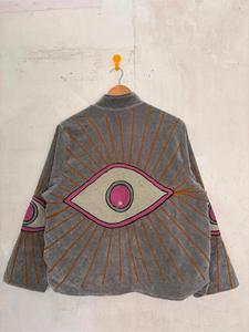 Bohemian Grey <b>Velvet</b> Embroidered Suzani <b>Jacket</b> with Evil Eye Pattern Full Sleeve Stand Collar Handmade Winter Outerwear - Product Image 3
