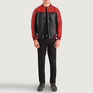 Veste varsity en cuir de vachette véritable noir et rouge pour hommes, avec logo personnalisé OEM, au meilleur prix au Pakistan, neuve. - Product Image 1