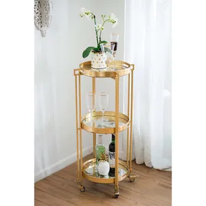 Chariot de service rond en métal avec trois plateaux, finition dorée, chariot roulant pour fêtes, bar à domicile, hôtel, restaurant, style glamour - Product Image 4
