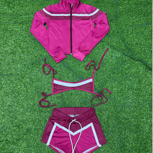 Ensemble 3 pièces de sport pour femme en promotion : veste zippée, soutien-gorge dos nu et short taille haute – Tenue d'été - Product Image 4