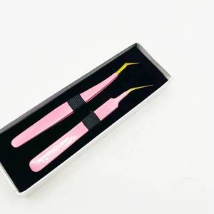 Morje Surgical <b>Pink</b> Eyelash Tweezers Set Stainless Steel Precision <b>Tools</b> with Serrated & Toothed Tips 10mm Length in <b>Box</b> - Product Image 4