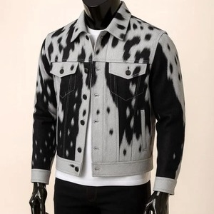 Men's Real Cowhide Leather Canvas <b>Jacket</b> Hair Hide Stand Collar Black Grey Speckled Print <b>Western</b> Trucker Coat Vintage Outerwear - Product Image 2