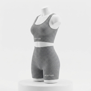 Women Grey Ribbed <b>Sports</b> Bra High Waist Biker Shorts Yoga <b>Set</b> Gym Fitness Workout Activewear Two Piece <b>Set</b> - Product Image 1