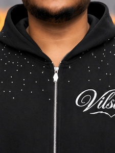 Men's <b>Black</b> <b>Zip</b>-<b>Up</b> <b>Hoodie</b> Rhinestone Embellished Casual Hooded Sweatshirt Regular Fit French Terry Cotton <b>Zip</b> <b>Up</b> <b>Hoodie</b> - Product Image 3