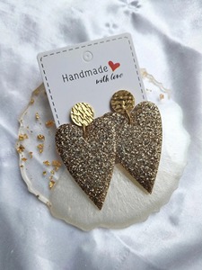 Pendientes de Corazón Hechos a Mano con Purpurina Dorada y Discos Texturizados, Joyería de Moda para Regalo del Día de San Valentín - Product Image 3