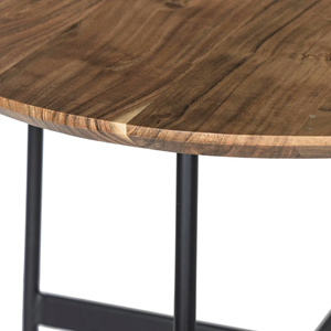 Table basse moderne industrielle ronde en bois d'acacia massif, finition blanchie naturelle et structure en fer noir, durable, pour la maison ou le bureau - Product Image 3