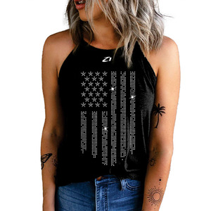 Wholesale Women Black Rhinestone Star Stripe Racerback Tank <b>Top</b> Sleeveless Summer Casual Graphic Vest Women's Shirts OEM Service - Product Image 1