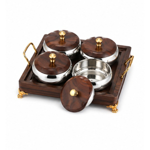 Ensemble de bols à dattes arabes de luxe, en métal doré cannelé, avec couvercles en bois et plateau, pour la fête de l'Aïd, le Ramadan, la décoration de table à la maison. - Product Image 4