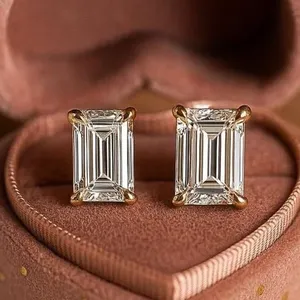 IGI 4.00Ct <b>Emerald</b>-Cut Lab Grown Diamond Solitaire <b>Stud</b> Earing 14k Yellow Gold - Product Image 1