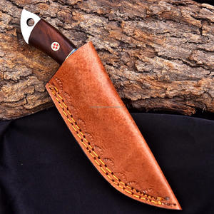 Cuchillo de caza de hoja fija de acero de Damasco Nordic Forge con punta caída, mango de palisandro y madera Pakka, con funda de cuero y hoja de espiga completa. - Product Image 5