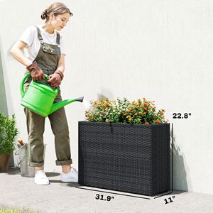Grand bac à plantes rectangulaire en rotin PE noir, pour intérieur et extérieur, avec doublure amovible et trous pour plantes, Manteaux pour femmes - Product Image 3
