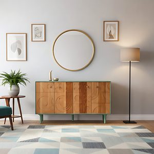 Modern Midcentury Wood Sideboard <b>Cabinet</b> with Geometric Inlay Design and <b>Storage</b> for Living <b>Room</b> <b>Dining</b> <b>Room</b> Furniture - Product Image 1