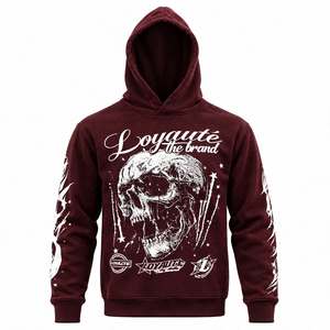 Hot Selling Burgundy Fleece Hoodie <b>Skull</b> Graphic Print Loose Punk Streetwear Pullover Pocket 350g Fabric Fashionable Apparel - Product Image 1