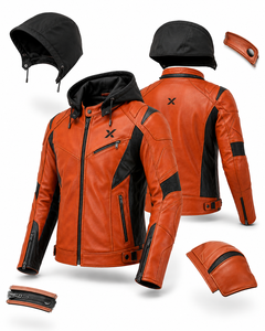 Chaqueta de Motocicleta de Cuero con Capucha Desmontable |   Naranja Gris Azul |   Fabricante OEM ODM |   Diseño de Calidad Premium |   Ropa de Carreras - Product Image 6