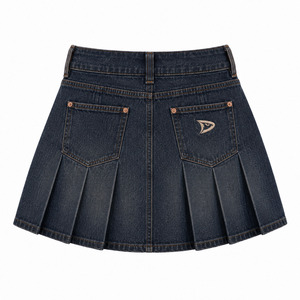 Falda vaquera plisada para mujer, minifalda de cintura alta en índigo oscuro con bolsillos, bordado y botones de cobre - Product Image 2