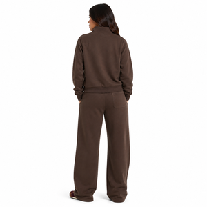 Chocolate Brown Womens Tracksuit Cropped Zip Jacket Flared <b>Wide</b> <b>Leg</b> <b>Pants</b> Custom Logo Casual <b>Lounge</b> Set Wholesale Supplier - Product Image 2