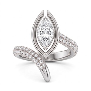 Bague de fiançailles pour femme en or blanc avec diamant de laboratoire taille brillant rond et pierres latérales pavées, style charmant, certifiée par un tiers - Product Image 1