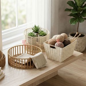 Ensemble de paniers de rangement en rotin naturel, plateau de service tissé avec poignées, design rustique multi-usages, Viettimecraft, vente en gros - Product Image 4