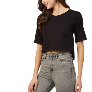 เสื้อยืดครอปแขนสั้นสีดำสำหรับผู้หญิง ผ้าฝ้าย สกรีนโลโก้ได้ สไตล์ลำลอง ใส่ได้ในฤดูร้อน รับผลิตตามแบบ (OEM) ขายส่ง - Product Image 5