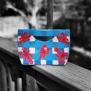 Blue Embroidered Canvas Handbag With <b>Red</b> Lobster Pattern Casual <b>Purse</b> For Beach Travel Summer Use - Product Image 3