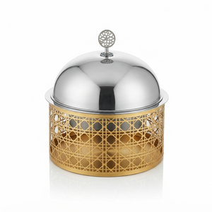 Round Stainless Steel Chafing Dish with Gold Woven Rattan Lattice Base Sleeve and Polished Dome Lid <b>Buffet</b> <b>Server</b> for Home Hotel - Product Image 1