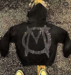 เสื้อฮู้ดซิปโอเวอร์ไซส์ผ้าฝ้ายปักลายสไตล์วินเทจสำหรับผู้ชาย รุ่นครอปประดับคริสตัล สตรีทแวร์ - Product Image 2