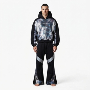<b>Mens</b> <b>Black</b> Silver <b>Tie</b> Dye Color Block Zip Hoodie Wide Leg Pants Tracksuit Set Custom Streetwear Casual Fashion Look - Product Image 1