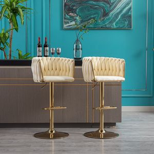 Set of 2 Velvet <b>Bar</b> <b>Stools</b> with Chrome Footrest Simple <b>Bar</b> Chair with Height <b>Adjustable</b> Mechanical Lifting and Golden Leg - Product Image 5