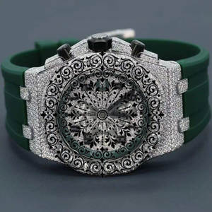 AMBER JEWELS Montre à quartz de luxe unisexe, boîtier en or blanc/jaune, bracelet en silicone vert incrusté de diamants, chronographe, cadran analogique - Product Image 1