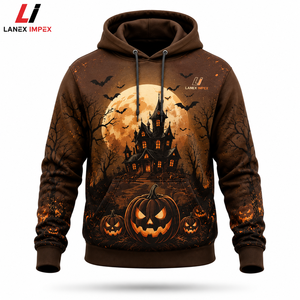 เสื้อฮู้ดโอเวอร์ไซส์สีน้ำตาลลายฟักทองบ้านผีสิงฮาโลวีนฤดูหนาวแบบกำหนดเอง 3 มิติ สำหรับทุกเพศ แบบสวมหัว พิมพ์ลายแบบซับลิเมชั่น สไตล์โกธิค - Product Image 2