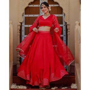 Lehenga Choli de Organza Chinon Rojo con Bordado Gota para Mujer, con Protección Solar y Secado Rápido, para Bodas, Talla XS - Product Image 6