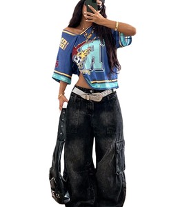 Camiseta de fútbol americano de malla personalizada OEM para mujer, estilo crop oversize, con hombros descubiertos, corte holgado, top gráfico Y2K streetwear - Product Image 3