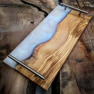 Rectangular Resin And Wooden <b>Tray</b> With Metal Handles For Serving Drinks <b>Snacks</b> And Desserts Elegantly - Product Image 1