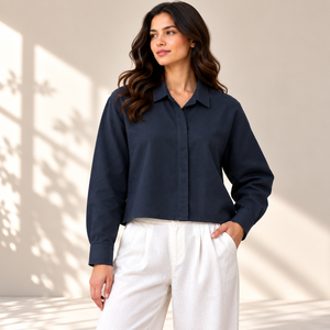 Lightweight Women's Girls Crop <b>Shirt</b> Casual Solid <b>Summer</b> <b>Linen</b> Mandarin Collar Loose Fit Eco-Friendly Breathable Party High - Product Image 1