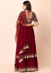 Party Wear Georgette with Zari-<b>Sequin</b> Embroidered Ruffle Layered Flared <b>Red</b> Lehenga-Choli Set Woman Fashion Exporter - Product Image 3