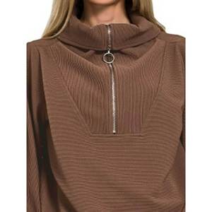 เซนาณาชุดเสื้อและกางเกงผู้หญิงแบบซิปครึ่งตัวคอสูงลายริบ สีน้ำตาล ไซส์ S - Product Image 1