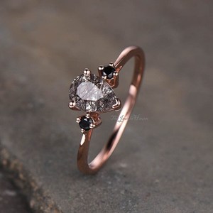 Unique Black Rutile Engagement <b>Ring</b> Rutile Quartz Three Stone <b>Ring</b> Black Quartz Vintage <b>Ring</b> For Her Pear Shape Black Rutilated - Product Image 3