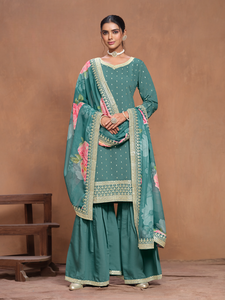 Ensemble Sharara semi-couture en soie romaine moderne brodé pour fêtes, mariages, Diwali et bals de promo - Product Image 2