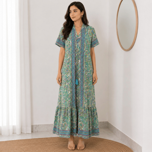 Premium Silk Maxi <b>Dress</b> Gown Free Size Ibiza Boho Mint Lavender Paisley Print with Flutter Sleeves for Women Beach Vacation Wear - Product Image 2