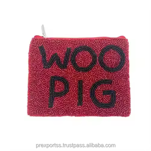 Tailgate Chic WOO PIG <b>Red</b> Beaded Coin <b>Purse</b> Game Day Gift Pouch Handmade Arkansas Razorback Bag Custom Beads Large Capacity - Product Image 1