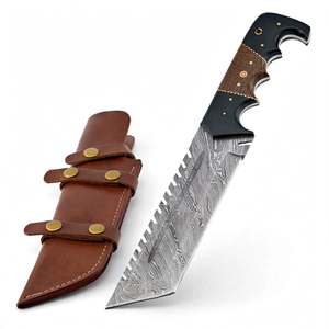 Herramienta Utilitaria de Acero de Damasco Hecha a Mano con Mango Segmentado de Madera Micarta y Funda de Cuero - Product Image 1