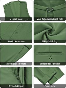 Traje de 3 Piezas para Hombre, Estilo Británico, Verde, Viscosa/Poliéster, Blazer, Chaleco y Pantalones, Cierre de un Botón, Antiarrugas, para Negocios y Bodas - Product Image 4
