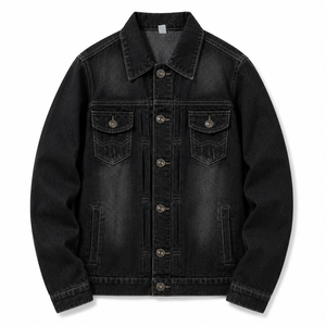 Men's Black Washed Denim <b>Trucker</b> <b>Jacket</b> Button Closure Long Sleeve Regular Fit Casual Jean <b>Jacket</b> for Spring and Autumn - Product Image 1