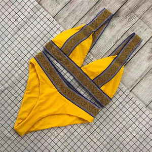 Women's <b>Yellow</b> <b>Bikini</b> Set Crossed Halter Top High Waist Bottom Contrast Binding Spandex Polyester Stretch Eco-Friendly Quick Dry - Product Image 5